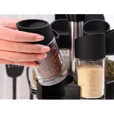 Rotating spice organiser, 12 glass containers, salt shaker