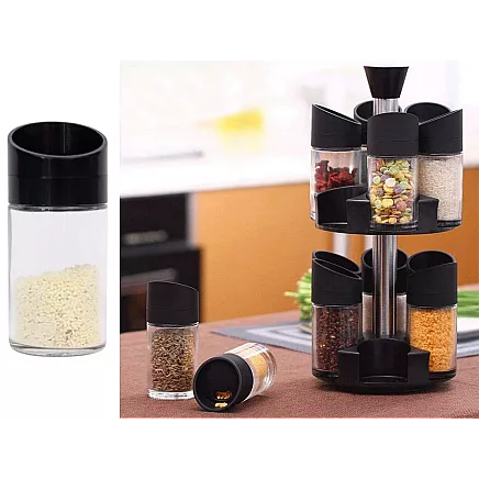 Rotating spice organiser, 12 glass containers, salt shaker