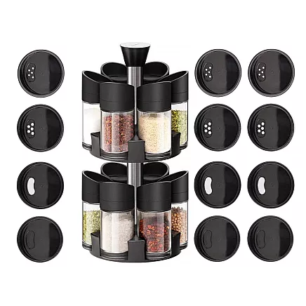 Rotating spice organiser, 12 glass containers, salt shaker