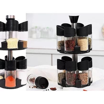 Rotating spice organiser, 12 glass containers, salt shaker
