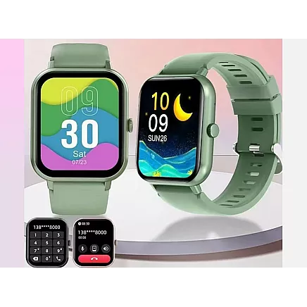 Sporta viedpulkstenis ar Bluetooth zvanu funkciju un silikona siksniņu, zaļš